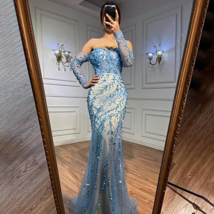 Vestidos de noche de sirena con escote barco azul y mangas largas, 2025, vestidos formales para mujer, fiesta de boda LA71653C 