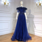 Vestidos de noche de lujo con escote barco azul, mangas cortas, apliques de cuentas y plumas, corte A para mujer, fiesta LA71524 