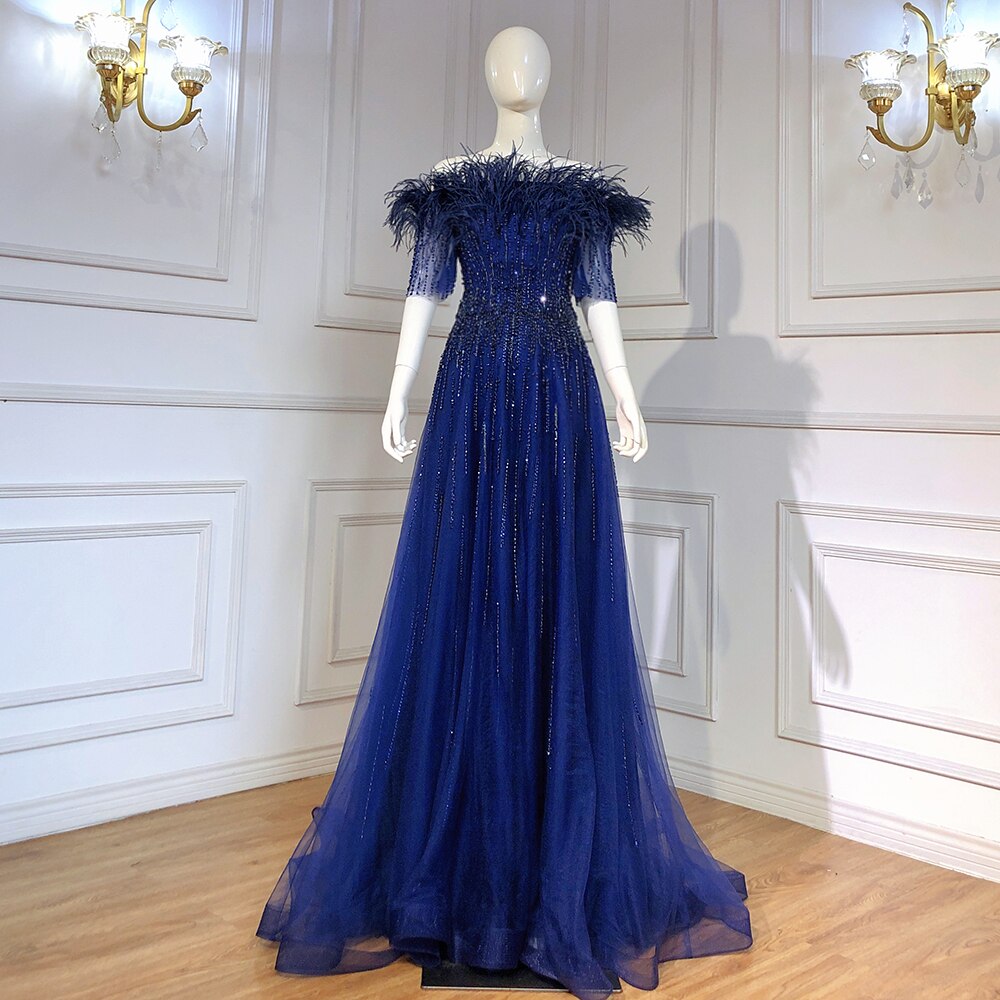 Vestidos de noche de lujo con escote barco azul, mangas cortas, apliques de cuentas y plumas, corte A para mujer, fiesta LA71524 