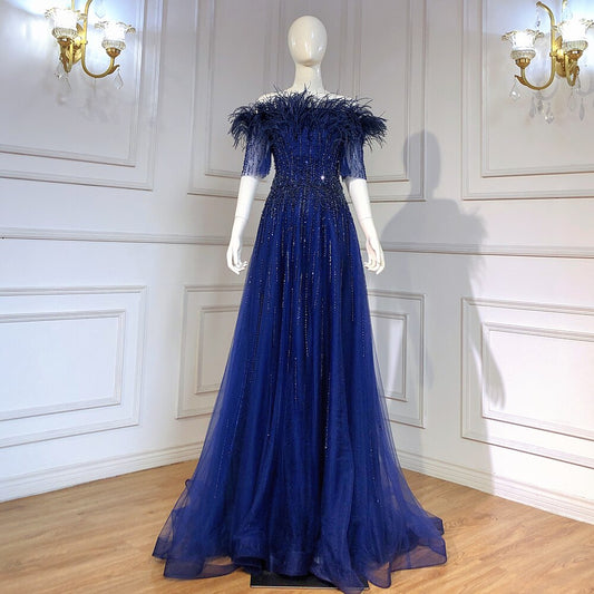 Vestidos de noche de lujo con escote barco azul, mangas cortas, apliques de cuentas y plumas, corte A para mujer, fiesta LA71524 