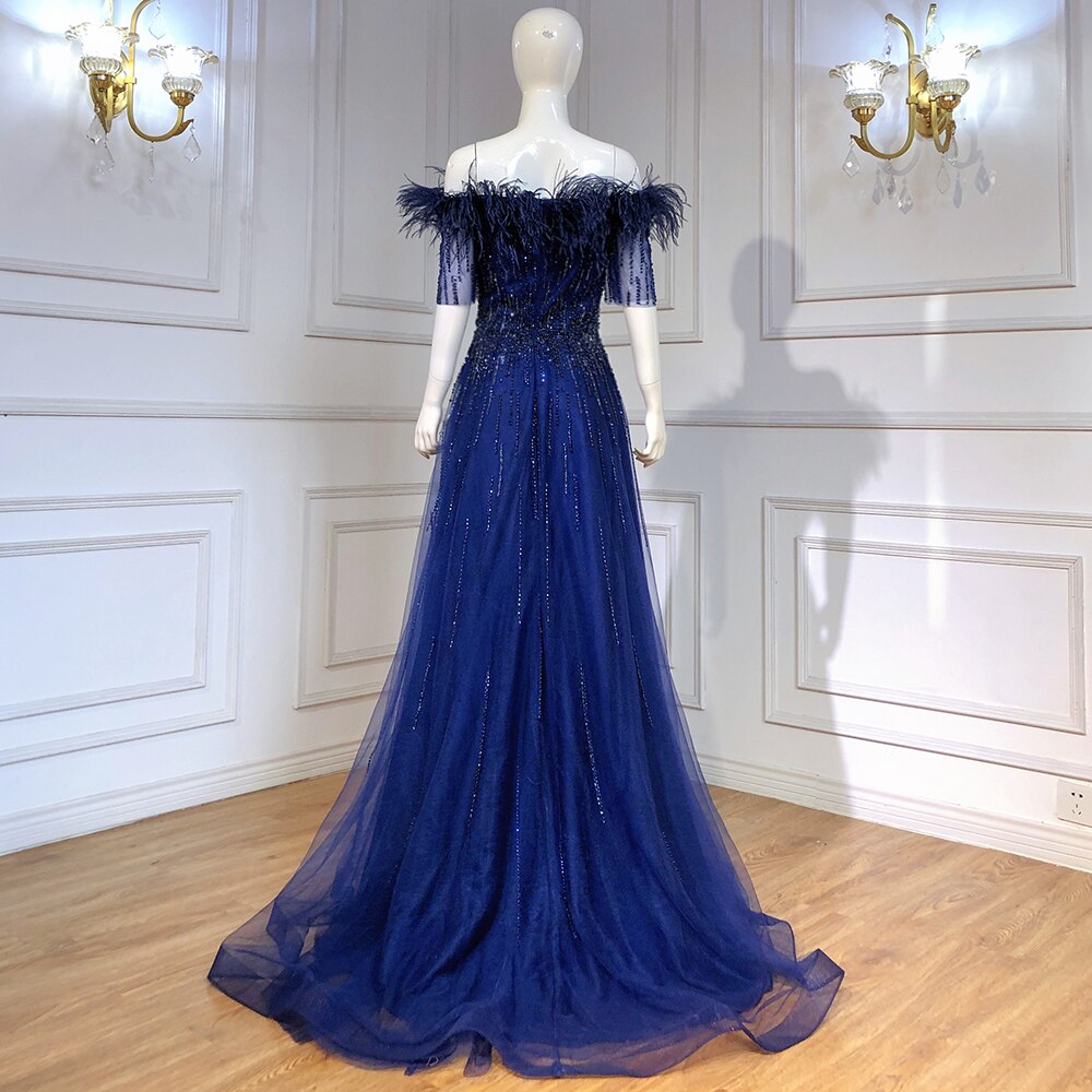 Vestidos de noche de lujo con escote barco azul, mangas cortas, apliques de cuentas y plumas, corte A para mujer, fiesta LA71524 