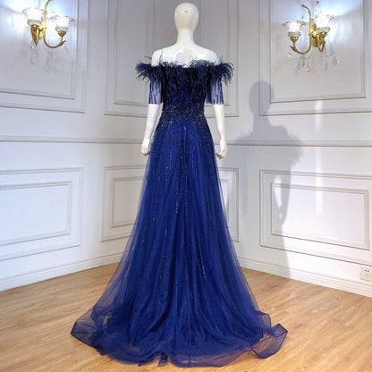 Vestidos de noche de lujo con escote barco azul, mangas cortas, apliques de cuentas y plumas, corte A para mujer, fiesta LA71524 