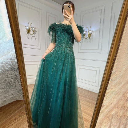 Vestidos de noche de lujo con escote barco azul, mangas cortas, apliques de cuentas y plumas, corte A para mujer, fiesta LA71524 