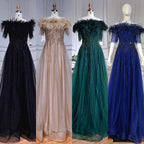 Vestidos de noche de lujo con escote barco azul, mangas cortas, apliques de cuentas y plumas, corte A para mujer, fiesta LA71524 