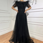Vestidos de noche de lujo con escote barco azul, mangas cortas, apliques de cuentas y plumas, corte A para mujer, fiesta LA71524 