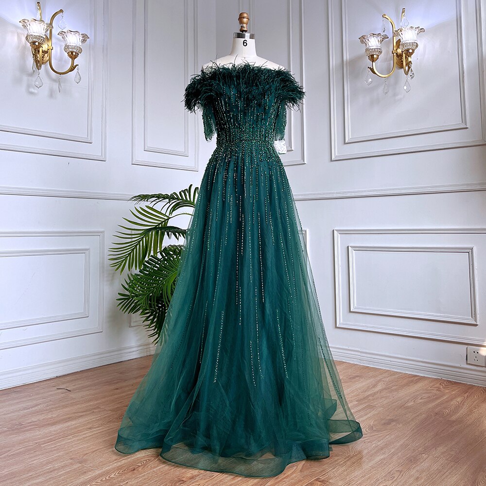 Vestidos de noche de lujo con escote barco azul, mangas cortas, apliques de cuentas y plumas, corte A para mujer, fiesta LA71524 