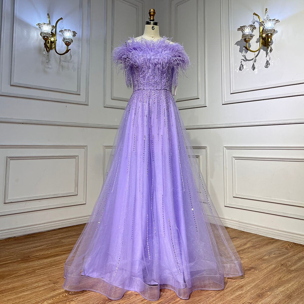 Vestidos de noche de lujo con escote barco azul, mangas cortas, apliques de cuentas y plumas, corte A para mujer, fiesta LA71524 
