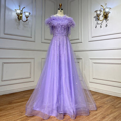 Vestidos de noche de lujo con escote barco azul, mangas cortas, apliques de cuentas y plumas, corte A para mujer, fiesta LA71524 