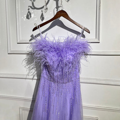 Vestidos de noche de lujo con escote barco azul, mangas cortas, apliques de cuentas y plumas, corte A para mujer, fiesta LA71524 