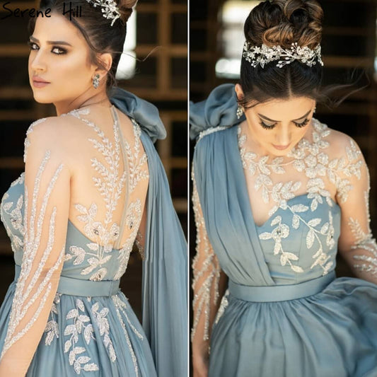 Blue Cape Sleeve Sexy Evening Dresses Gowns 2025 Beaded A-Line For Woman Wedding Party LA70308