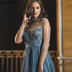 Vestidos de noche sexys con mangas abullonadas azules, corte A y cuentas, para mujer, para fiesta de bodas, LA70308 