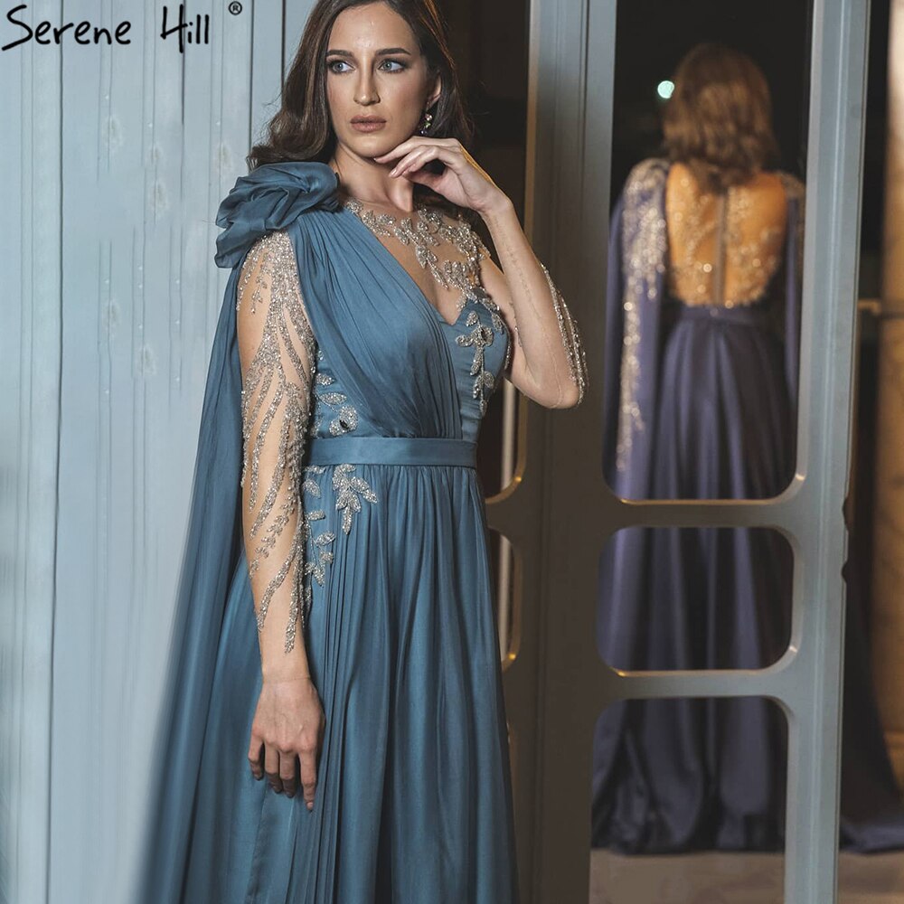 Vestidos de noche sexys con mangas abullonadas azules, corte A y cuentas, para mujer, para fiesta de bodas, LA70308 