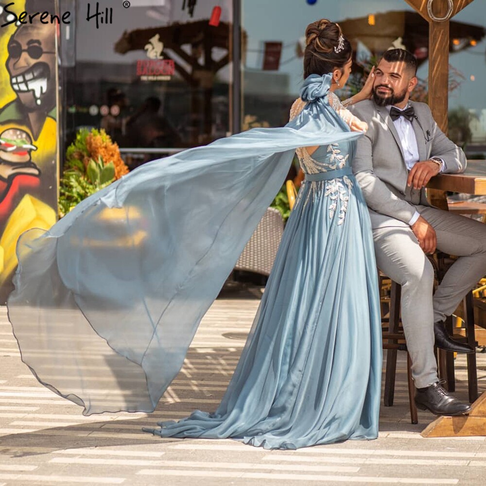 Vestidos de noche sexys con mangas abullonadas azules, corte A y cuentas, para mujer, para fiesta de bodas, LA70308 