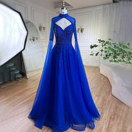 Vestidos de noche de lujo estilo Dubái con mangas abullonadas y corte A con cuentas, estilo árabe azul, para boda, 2025, LA72191 