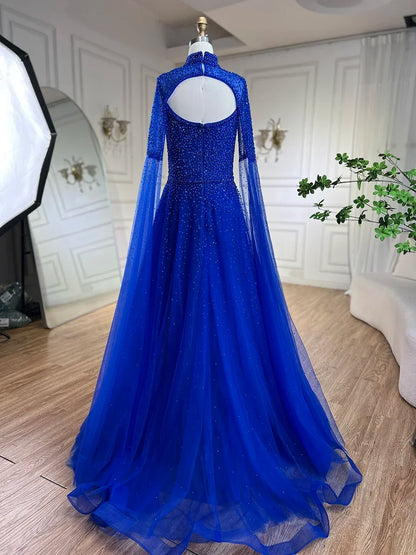 Vestidos de noche de lujo estilo Dubái con mangas abullonadas y corte A con cuentas, estilo árabe azul, para boda, 2025, LA72191 