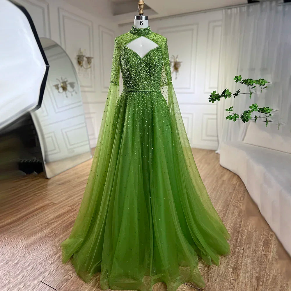 Vestidos de noche de lujo estilo Dubái con mangas abullonadas y corte A con cuentas, estilo árabe azul, para boda, 2025, LA72191 