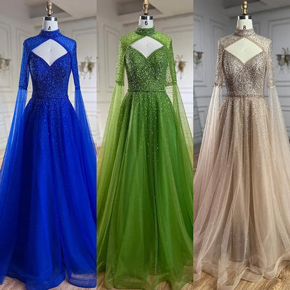Vestidos de noche de lujo estilo Dubái con mangas abullonadas y corte A con cuentas, estilo árabe azul, para boda, 2025, LA72191 