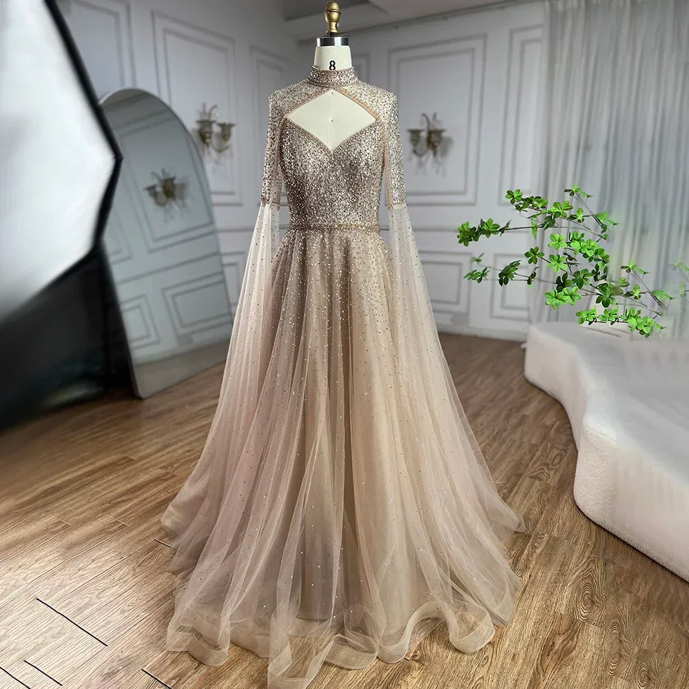 Vestidos de noche de lujo estilo Dubái con mangas abullonadas y corte A con cuentas, estilo árabe azul, para boda, 2025, LA72191 