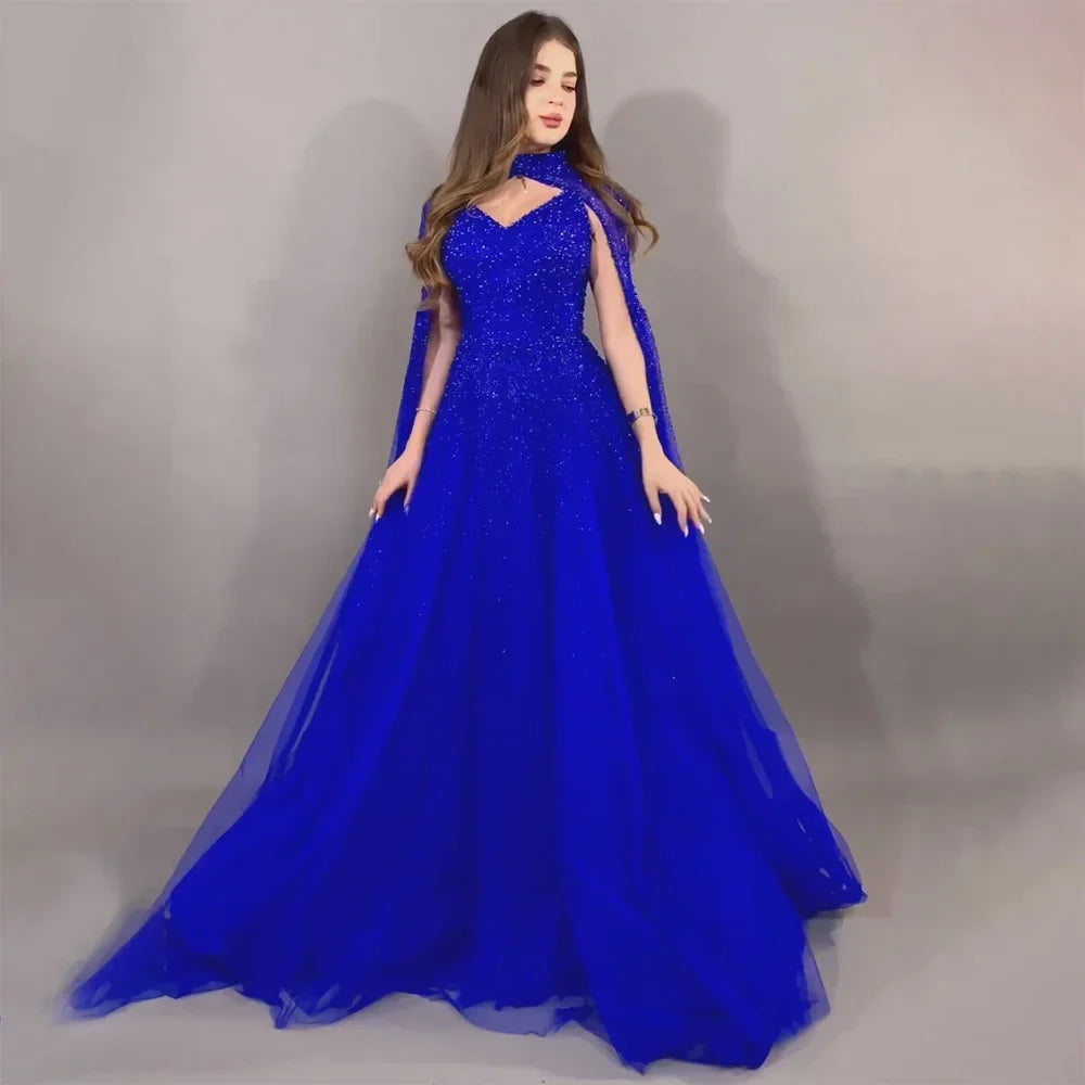 Vestidos de noche de lujo estilo Dubái con mangas abullonadas y corte A con cuentas, estilo árabe azul, para boda, 2025, LA72191 