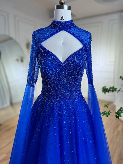 Vestidos de noche de lujo estilo Dubái con mangas abullonadas y corte A con cuentas, estilo árabe azul, para boda, 2025, LA72191 