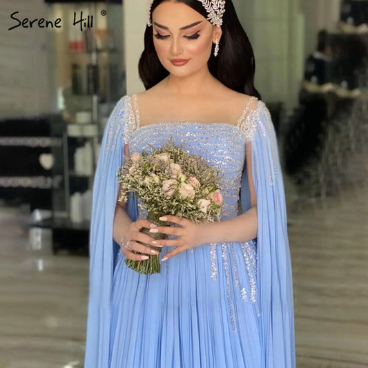Vestidos de noche con mangas largas azules, corte A, de gasa y cuentas, para mujer, para fiesta, LA71319