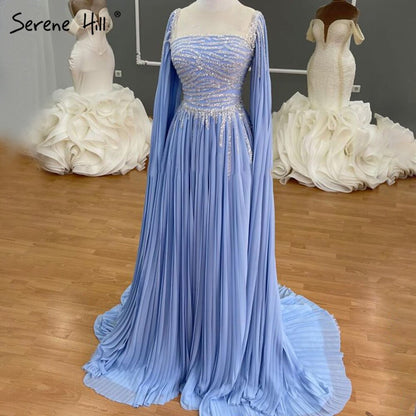 Vestidos de noche con mangas largas azules, corte A, de gasa y cuentas, para mujer, para fiesta, LA71319