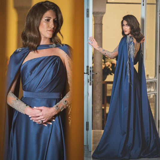 Vestidos de noche con mangas largas azules, 2025, satén con cuentas, sexy, corte A, para mujer, fiesta, LA71215 