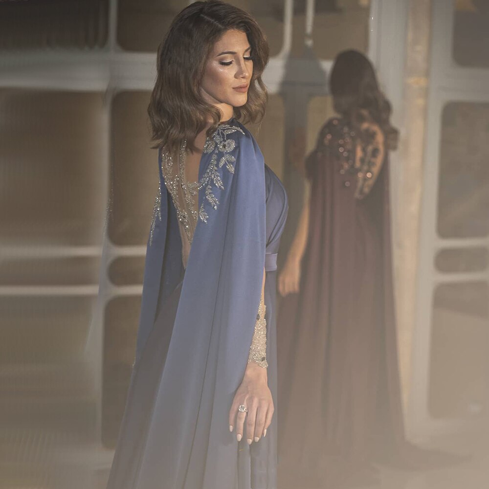 Vestidos de noche con mangas largas azules, 2025, satén con cuentas, sexy, corte A, para mujer, fiesta, LA71215 