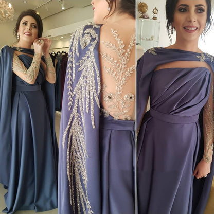 Vestidos de noche con mangas largas azules, 2025, satén con cuentas, sexy, corte A, para mujer, fiesta, LA71215 