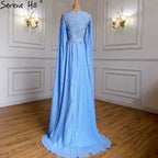 Blaue Cape-Ärmel Abendkleider Kleider 2025 Perlen A-Linie Chiffon Für Frauen Party LA71319 