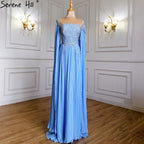 Blaue Cape-Ärmel Abendkleider Kleider 2025 Perlen A-Linie Chiffon Für Frauen Party LA71319 