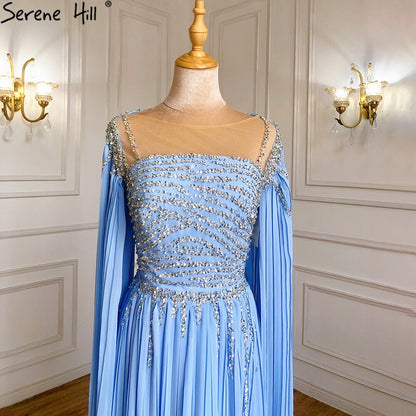 Vestidos de noche con mangas largas azules, corte A, de gasa y cuentas, para mujer, para fiesta, LA71319