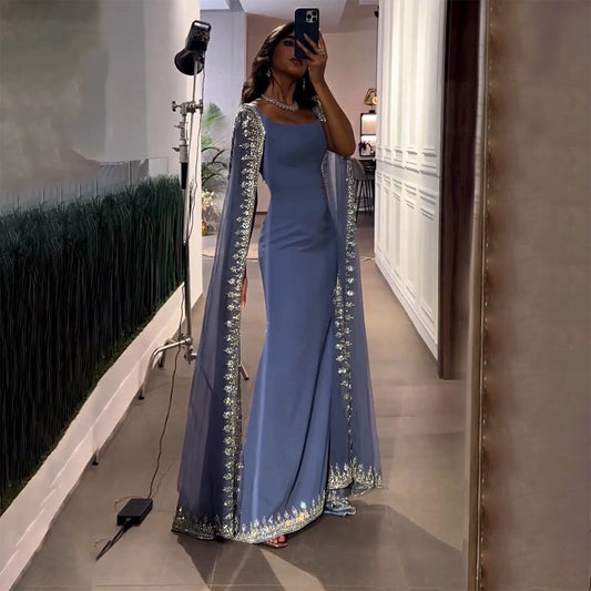 Vestidos de noche de lujo con mangas largas azules, estilo sirena con cuentas, elegantes para mujer, para fiesta, LA72086 