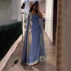 Vestidos de noche de lujo con mangas largas azules, estilo sirena con cuentas, elegantes para mujer, para fiesta, LA72086 