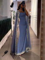 Vestidos de noche de lujo con mangas largas azules, estilo sirena con cuentas, elegantes para mujer, para fiesta, LA72086 