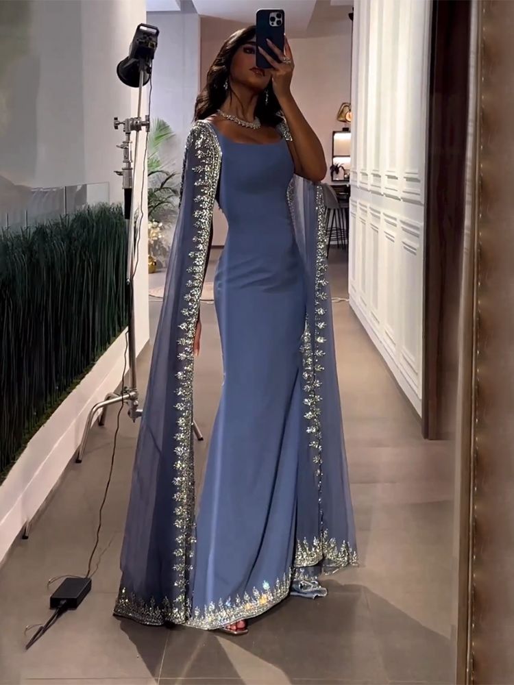 Vestidos de noche de lujo con mangas largas azules, estilo sirena con cuentas, elegantes para mujer, para fiesta, LA72086 