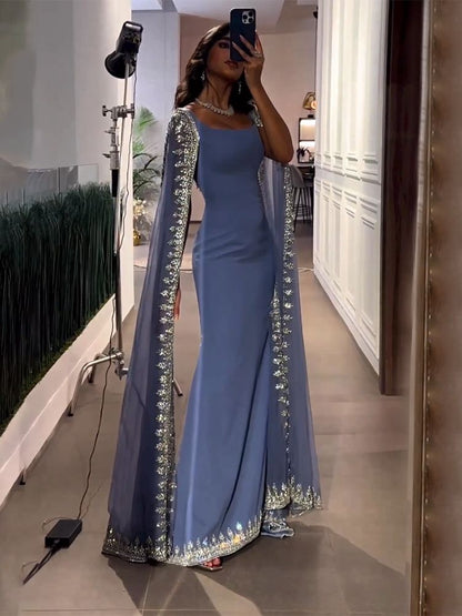 Vestidos de noche de lujo con mangas largas azules, estilo sirena con cuentas, elegantes para mujer, para fiesta, LA72086 
