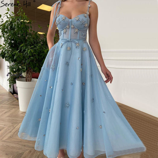 Blue Diamond A-Linie Abendkleider Kleider 2025 Spaghetti Srtap Sexy Knöchellänge für Frauen Party LA70862 