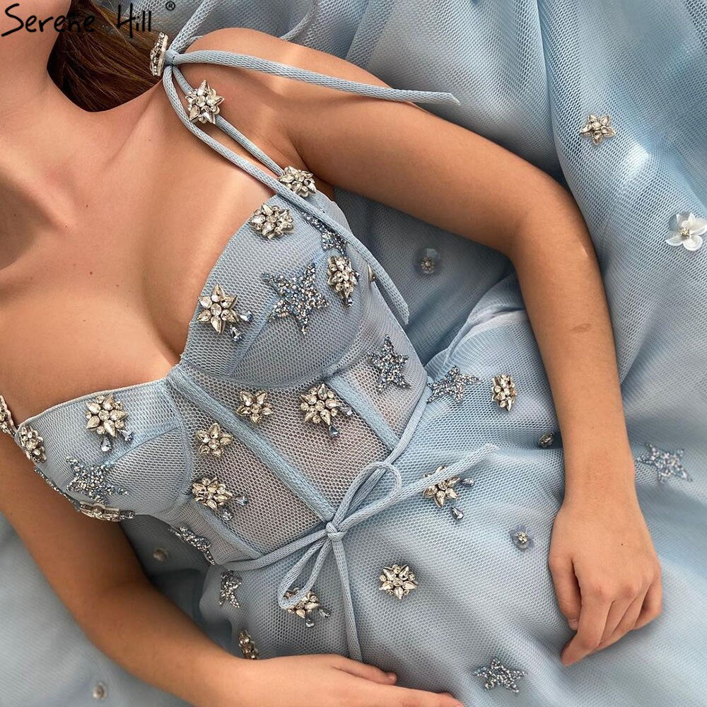 Vestidos de noche de corte A con diamantes azules, 2025, con escote en V profundo, sexys, largos hasta los tobillos, para mujer, fiesta, LA70862 