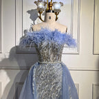 Vestido de noche elegante de sirena con plumas de diamante azul y sobrefalda, 2025, para mujer, boda, fiesta, LA72061 