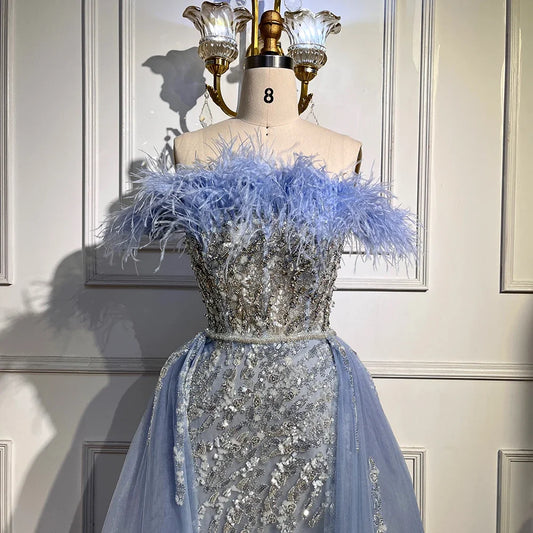 Blau Diamant Feder Meerjungfrau Elegant Mit Überrock Abendkleider Kleider 2025 Für Frauen Hochzeit Party LA72061 