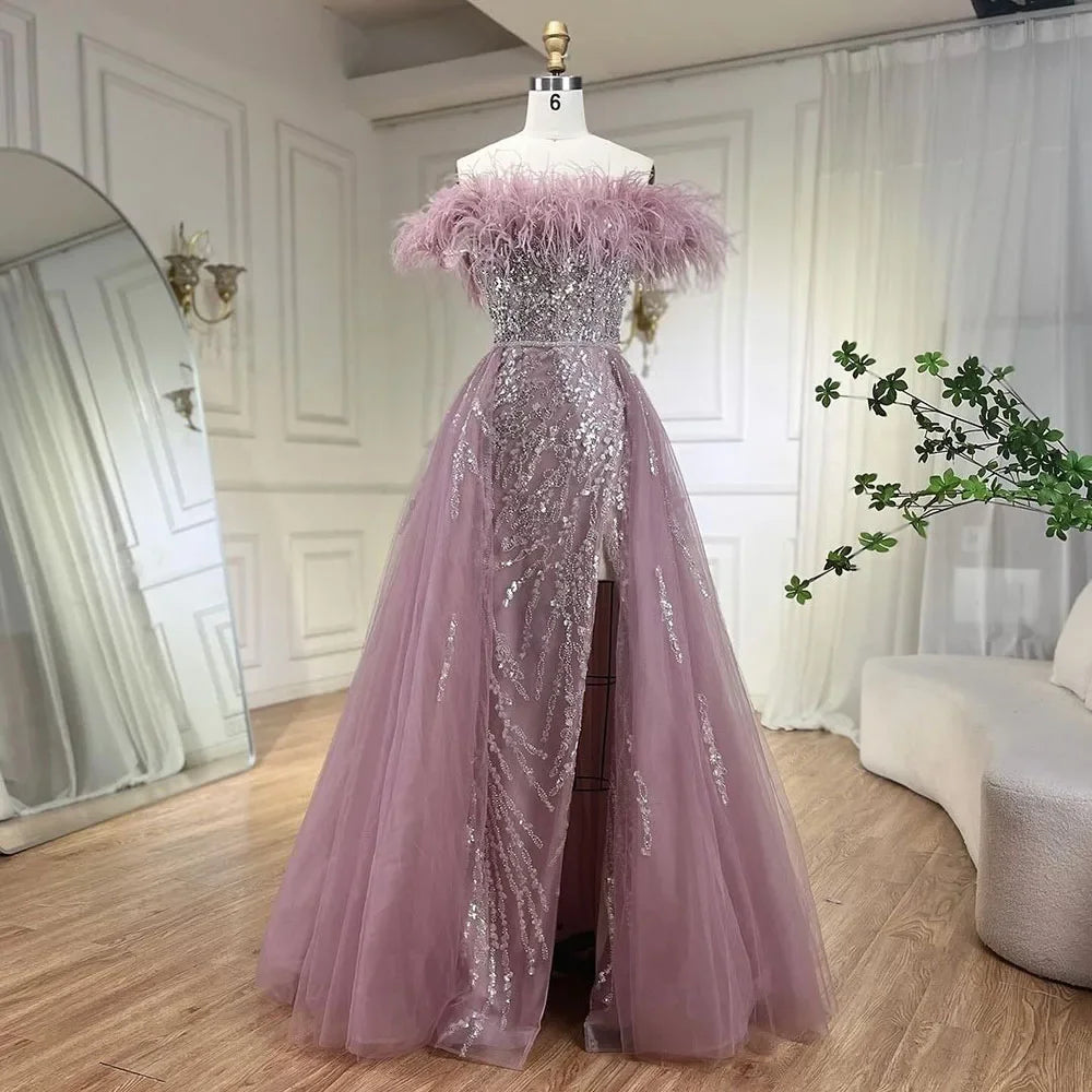 Vestido de noche elegante de sirena con plumas de diamante azul y sobrefalda, 2025, para mujer, boda, fiesta, LA72061 