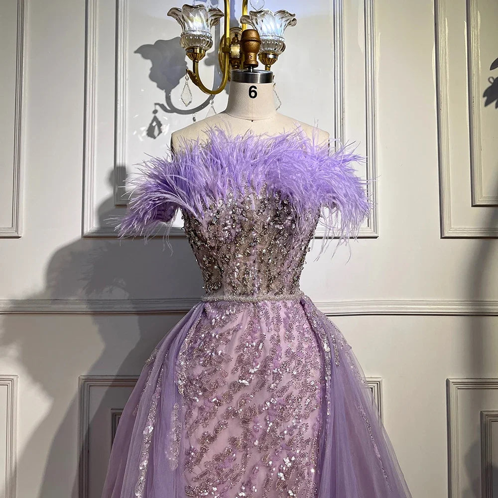 Vestido de noche elegante de sirena con plumas de diamante azul y sobrefalda, 2025, para mujer, boda, fiesta, LA72061 
