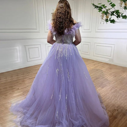 Blau Diamant Feder Meerjungfrau Elegant Mit Überrock Abendkleider Kleider 2025 Für Frauen Hochzeit Party LA72061 