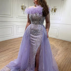 Vestido de noche elegante de sirena con plumas de diamante azul y sobrefalda, 2025, para mujer, boda, fiesta, LA72061 