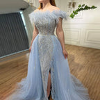 Vestido de noche elegante de sirena con plumas de diamante azul y sobrefalda, 2025, para mujer, boda, fiesta, LA72061 