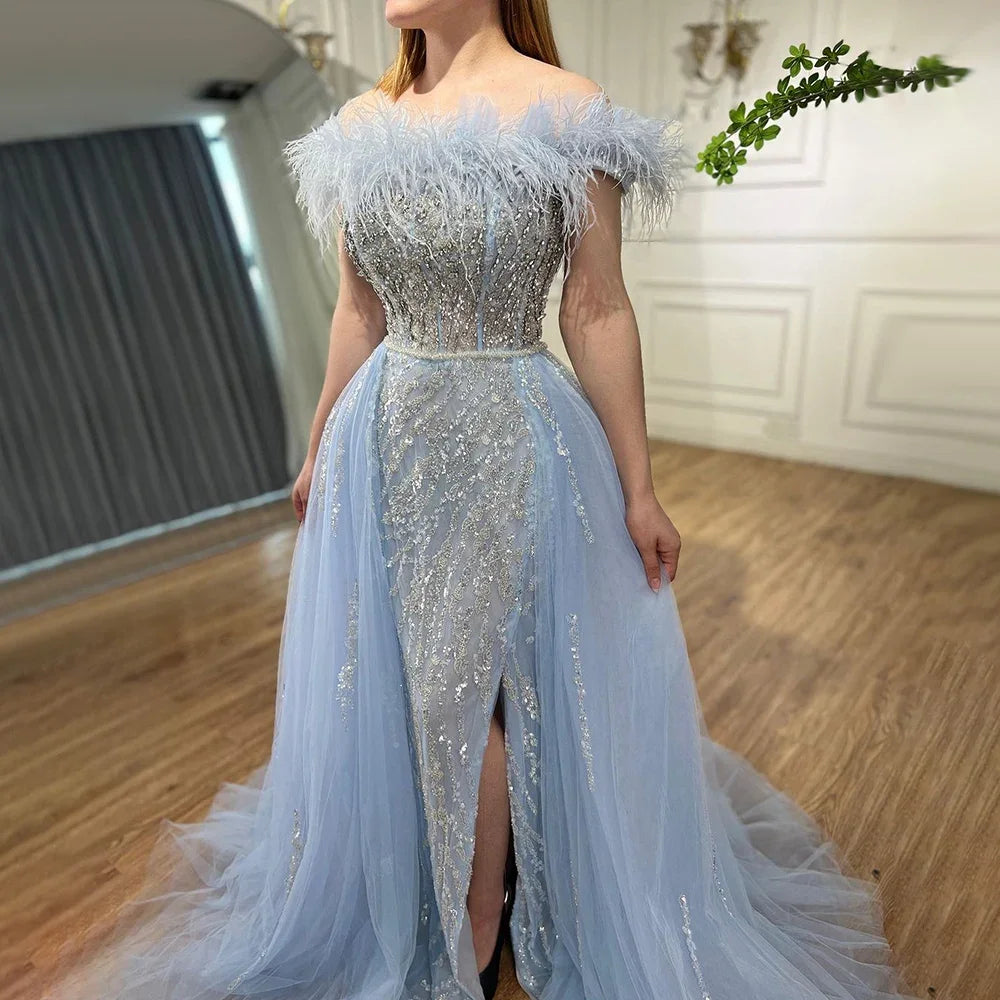 Blau Diamant Feder Meerjungfrau Elegant Mit Überrock Abendkleider Kleider 2025 Für Frauen Hochzeit Party LA72061 