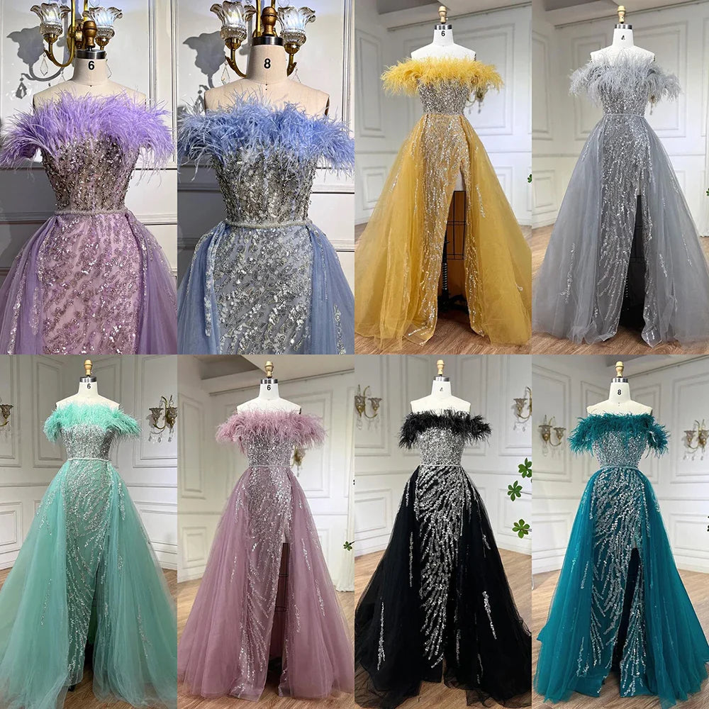 Blau Diamant Feder Meerjungfrau Elegant Mit Überrock Abendkleider Kleider 2025 Für Frauen Hochzeit Party LA72061 