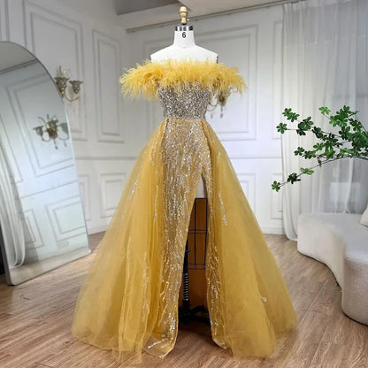 Blau Diamant Feder Meerjungfrau Elegant Mit Überrock Abendkleider Kleider 2025 Für Frauen Hochzeit Party LA72061 