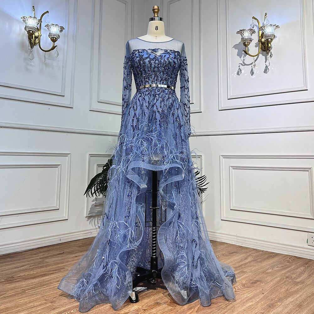 Vestido de noche azul elegante de corte A con encaje y plumas, estilo árabe, de lujo, para mujer, boda, fiesta, LA71935A 